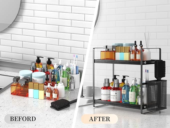 Bathroom Organizer Countertop, Counter Organizer for Bathroom Decor, Wooden Sink Shelf for Vanity Storage, Makeup Tray for Perfume Skincare Bedroom Kitchen Corner (Black)