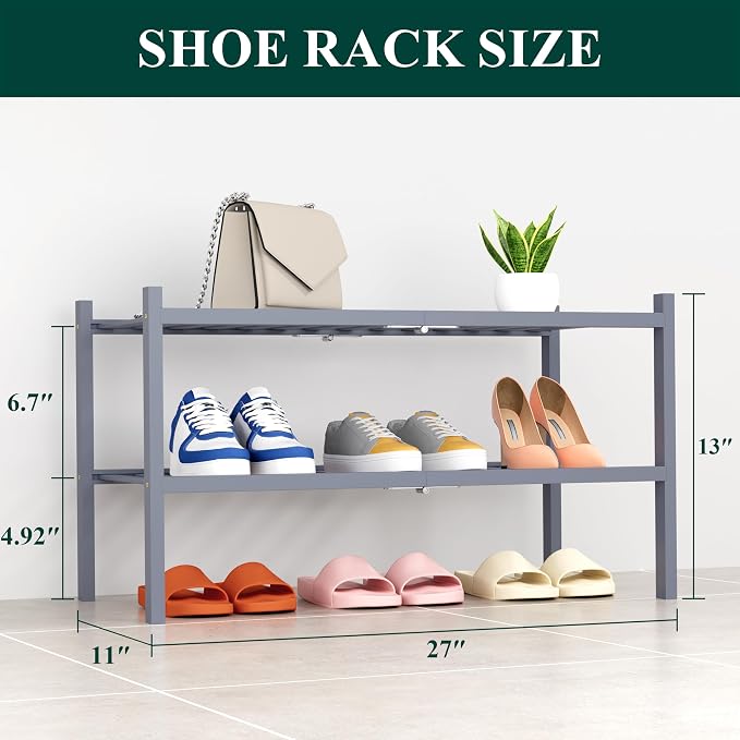 Smiry Bamboo Shoe Rack, 14 Vertical Slats, 2 Tier - 26.8" Wide, Grey | Stackable Free Standing Wooden Shoe Organizer, Wood Shoe Storage Shelf for Closet, Entryway, Thicher Leg