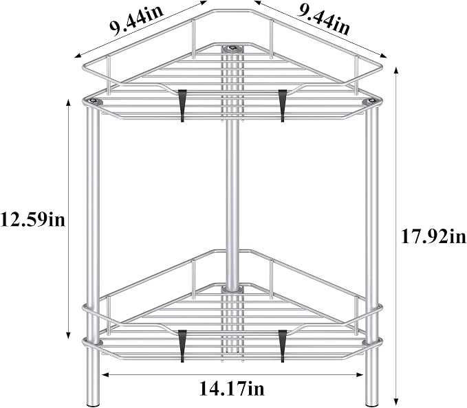 HuggieGems 2 Tier Floor Standing Corner Shower Caddy Organizer Shelf with Hooks, Bathroom Shelves Stand Rack, Silver