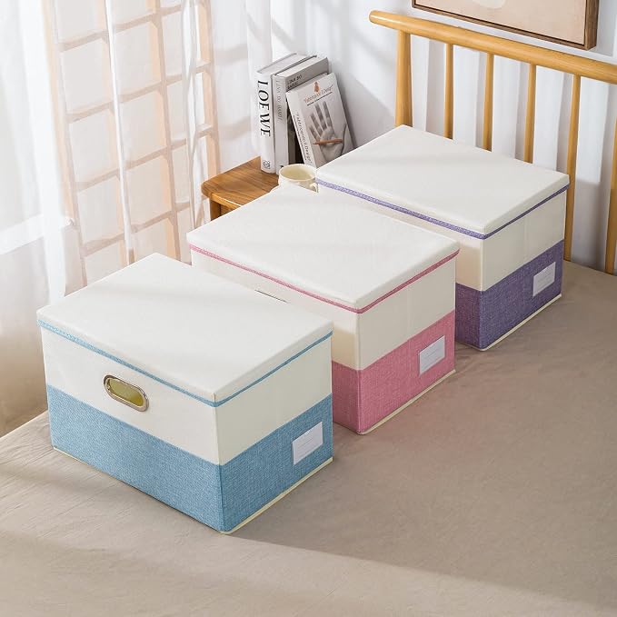 PRANDOM Collapsible Storage Bin with Lid [3-Pack] Fabric Foldable Storage Box Organizer Container Basket Cube with Cover for Home Bedroom Closet Office Nursery Purple&Cream(14.9x9.8x9.8)