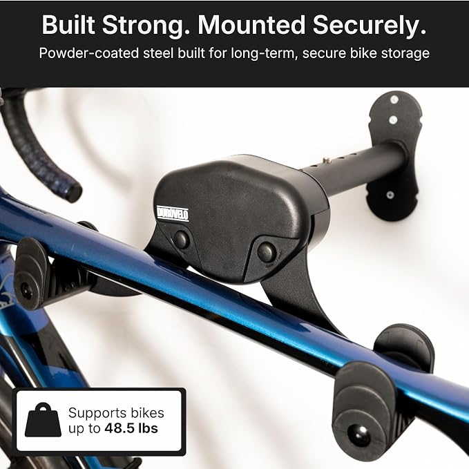 Bike Wall Mount - Horizontal Wall Hanger, Adjustable Design for Road, Mountain and Hybrid Bikes up to 48.5 lbs - Space-Saving Bike Rack for Garage or Apartment - Sturdy Indoor Bicycle Storage