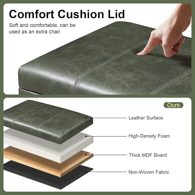 32" Faux Suede Storage Ottoman Bench with Wheel, Rectangle Foot Rest Stool for Living Room, Bedroom, Entryway,Moss Green