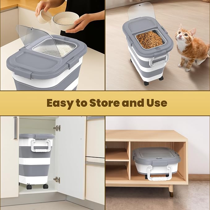 HOYTAMDA 25-35Lbs Rice Container,Collapsible Food Storage Container Wheels | Rice Storage Container with Airtight Locking Lid,Handle,Small Bin &Scoop,Rice Dispenser for Flour Sugar Cereal Grain Dog Cat