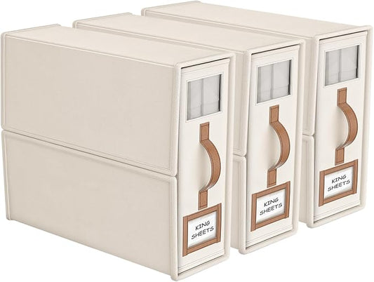 3 Pack Foldable Bed Sheets Set Organizers and Storage(King & Queen Size),Linen Fabric Closet Organizers with Window,Folding Bedding Storage Box for Bedsheets and Pillow Cube Organizer-Beige