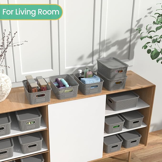 Plastic Storage Baskets with Lid-Plastic Storage Containers Stackable Storage bins: Storage Baskets for Organizing Shelves Drawers Desktop Closet Playroom Classroom Office,8 Pack-Gray10.2x7.2x4.1Inch