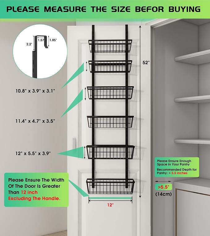 Mefirt 12 Inch Wide Narrow Over The Door Pantry Organizer 6-Tier Black | Pantry Hanging Organizers and Storage, Adjustable Heavy-Duty Metal for Home & Kitchen, Back of Door Seasoning Rack