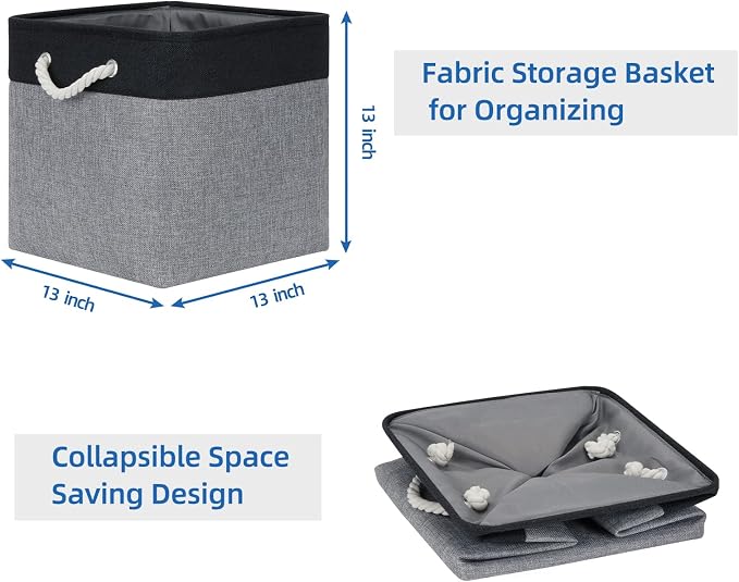 Temary Baskets 4 Pack Fabric Storage Cube Storage Baskets 13x13x13 Storage Cube Bins for Shelves with Handles, Basket for Organizing (Black&Gray)