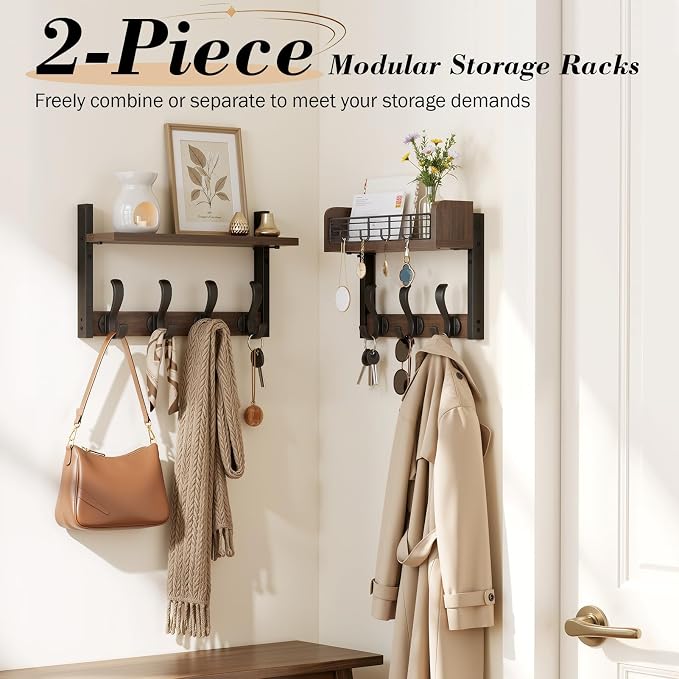 Delamu 29" Large Coat Rack Wall Mount with Shelf, 4 in 1 Shelf with 11 Hooks, Wooden Key and Mail Holder for Wall for Entryway, Living Room and Bedroom, Brown