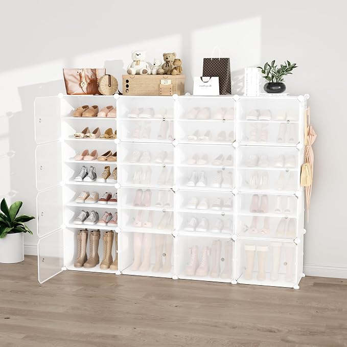 Portable Shoe Rack Organizer with Door, 64 Pairs Shoe Storage Cabinet Easy Assembly, Plastic Adjustable Shoe Storage Organizer Stackable Detachable Free Standing DIY Expandable 8 Tier White