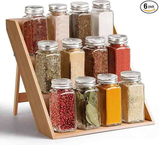 Bamboo Spice Rack Organizer for Kitchen Cabinet, Countertop Display Shelf | 3 Tier Shelf -Space Organizer for Kitchen and Bathroom (Pack of 6)