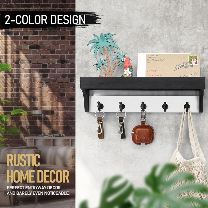 Rebee Vision Key Holder Wall Mount with Shelf for Entryway, Black & White | 5 Hooks, Modern Farmhouse Key Holder for Wall, Two-Tone Key Rack, Mail Organizer, Decorative Home Decor