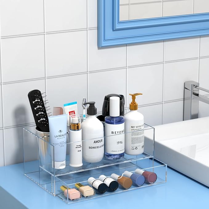 NIUBEE Acrylic Hair Tool Organizer with Drawer, Hair Dryer Holder Organizer | Clear, Hot Tools Organizer Countertop with 3 Cups, Hair Blow Dryer Storage for Curling Iron, Brush, Straightener, Bathroom