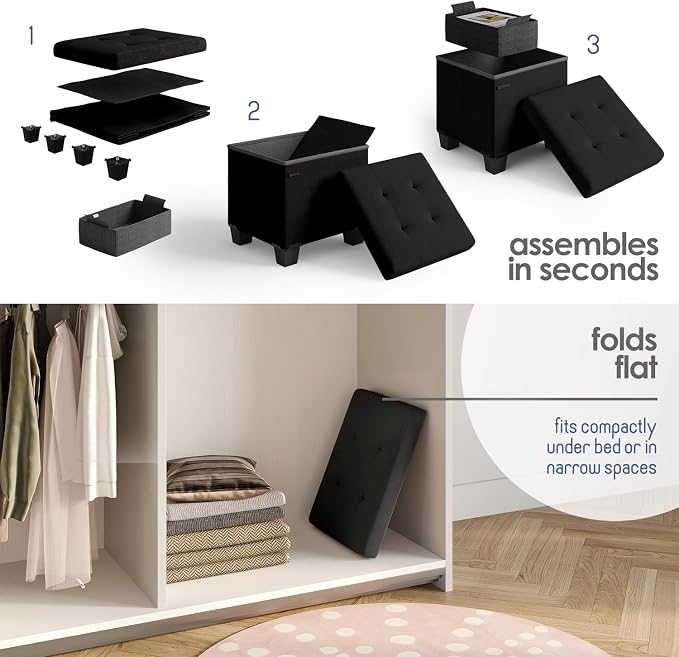 Storage Ottoman Cube with Small Bin, 15-in Square Ottoman with Storage for Living Room and Bedroom, Small Ottomans Foot Rest, Velvet Foot Stools Ottomans Max 330lbs, Black