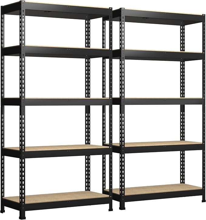 PrimeZone 71"H Storage Shelves, 5 Tier Adjustable Metal Shelf, 2 PCS, Black | 35.5"W x 15.75"D x 71"H, Heavy Duty Metal Connectors, FSC Wood Board, Easy Assembly, Standing Rack for Warehouse, Basement