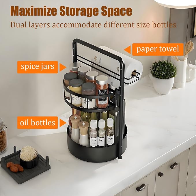 JEESA Rotating Spice Rack with Paper Towel Holder, Black | 2 Tier Lazy Susan, Sturdy Iron, Seasoning Organizer, Kitchen Countertop