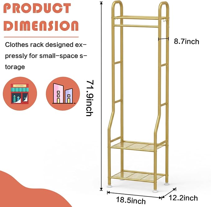 GloTika Narrow Clothes Rack - Clothing Rack with 3 Tier Metal Shelves, 71.9 Inch Tall Garment Rack with 8 Hooks, Freestanding Closet Organizer with Adjustable Leveling Feet for Small Space (Gold)