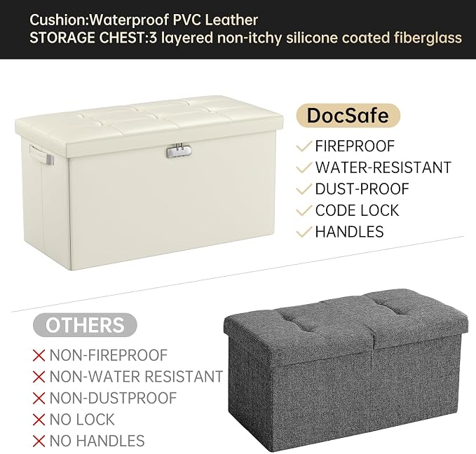 DocSafe Storage Ottoman Bench with Lock,Fireproof 30 Inches Folding Bench Foot Rest Stool Storage Chest Safe for Living Room,Bedroom,Home Office,Waterproof Leather Ottoman with Handles,Beige