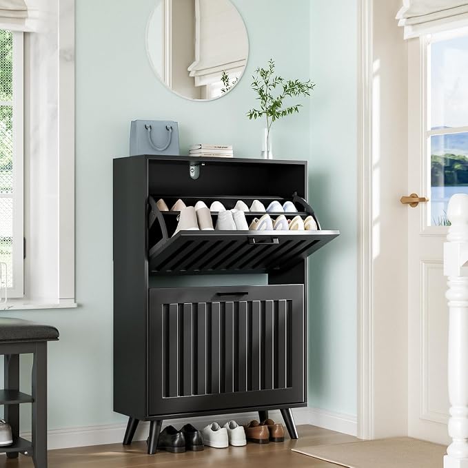 Shoe Storage Cabinet with 2 Flip Drawers, Modern Freestanding Organizer with Adjustable Shelf, Narrow Shoe Rack Cabinet for Entryway, Black