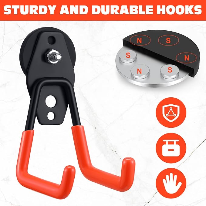 Landhoow 4 Pcs Large Magnetic Hooks Heavy Duty Garage Magnet Hooks Strong Storage Utility Magnetic Hangers with Anti Slip Rubber Coating for Indoor and Outdoor Hanging (Orange)