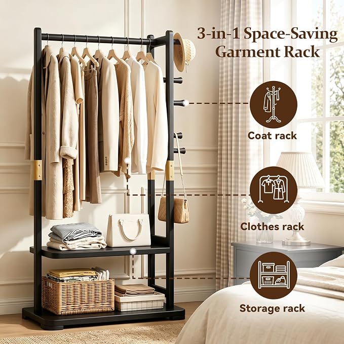 Solid Wood Clothes Rack with 2 Shelves & 4 Hooks for Hanging Clothes Garment Wallets Hats, Black Clothing Rack Heavy Duty Coat Rack Freestanding with Storage Hall Tree for Hallway Bedroom Living Room | Hallway bedroom living room, durable wood construc...