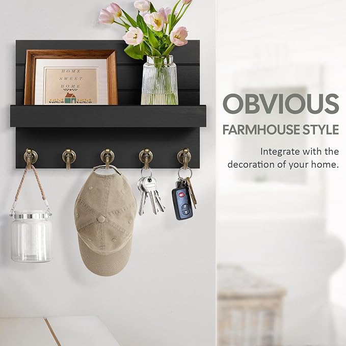 HONJIN Key Holder for Wall: Easy Installation Mail Organizer Wall Mount Hanging Key Rack for Kitchen and Entryway Decor with 5 Sturdy Key Hooks (Black)