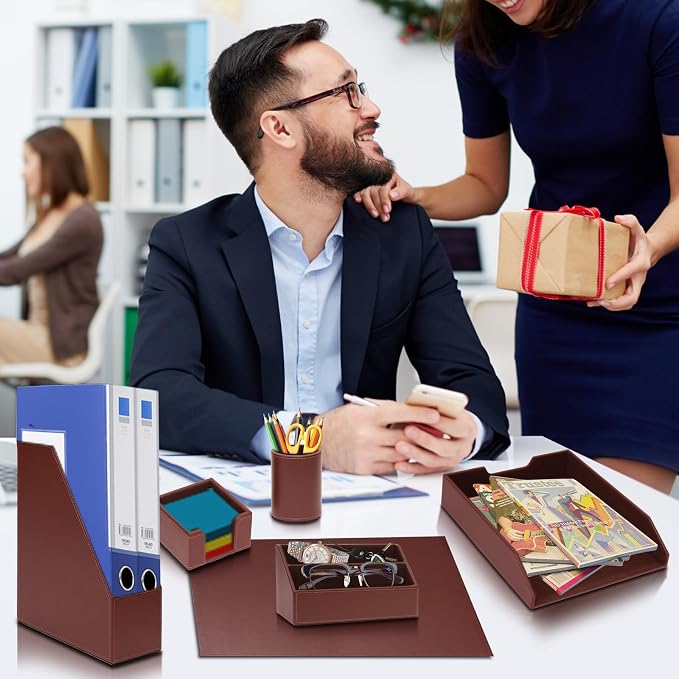 Office Supplies PU Leather 6-Piece Desk Organizer with Writing Pad, Letter Tray, File Folder Sorter, Pen Cup, Note Holder, Business Card Holder - Brown