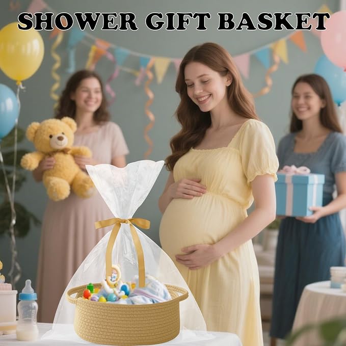 Woven Rope Basket - Baby Gift Basket with Bag & Ribbon | Cotton rope with handle, 12x8x5 in, gift bag and ribbon, for baby shower, birthday, toy storage, nursery, shelf decor