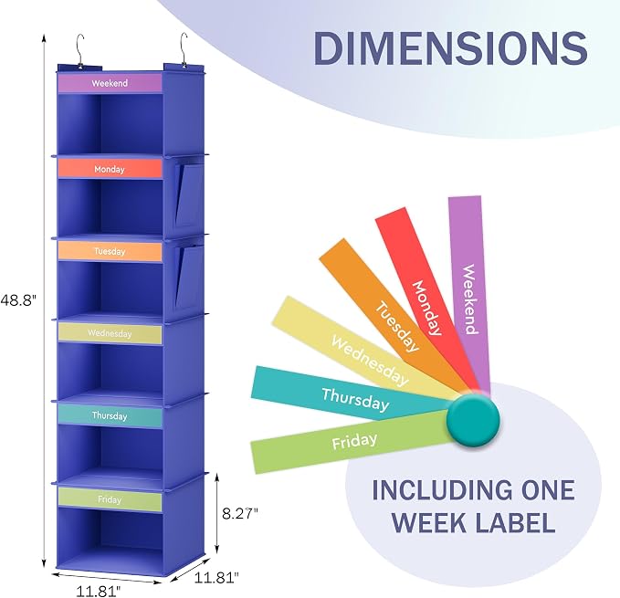 YOUDENOVA Weekly Clothes Organizer for Kids, Hanging Closet Organizer, Blue | Days of the Week Clothes Organizer, Reinforced Bamboo Slats, Kids' School Outfit Planning, Breathable Fabric, 2 Side Pockets