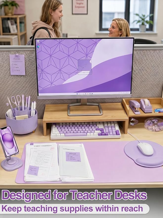 76Pcs Purple Desk Accessories Set, Office School Supplies for Women Girls | Cute 360° Rotating Pen Holder for Desk/Mat/Wrist Rest Mouse Pad/Phone Stand and More, for College Teacher Back to School