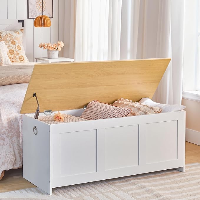 HOOBRO Storage Bench, 39.3" Retro Wooden Storage Chest, Wooden Storage Trunk, Toy Chest with Lift Top, Multifunctional Entryway Organizer, for Entryway, Living Room, White and Natural WN141CW01G1