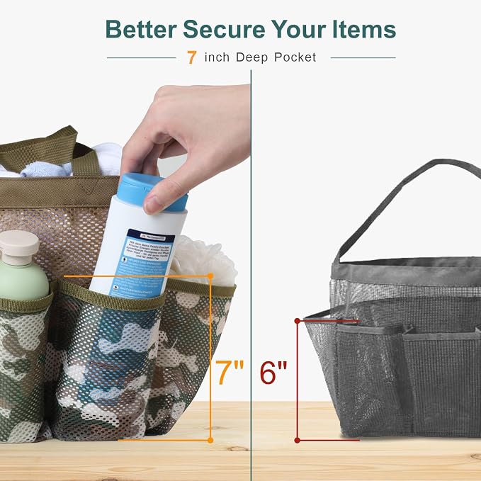 Mesh Shower Caddy Portable - 8 Pockets, S-Hook, Shower Bag for Dorm Camping | 2-Handle, Quick-Dry, Toiletry Organizer, College Dorm Room Essentials for Girls, Gym, Travel & Bathroom, Brown Camouflage
