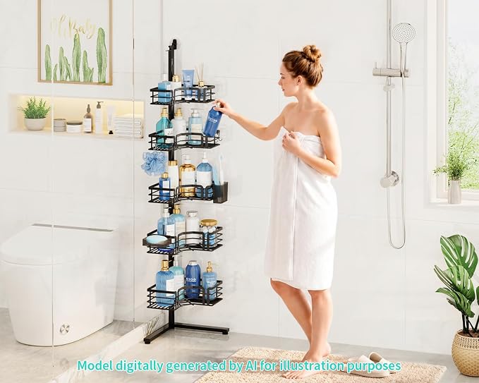 HapiRm Corner Shower Caddy Stand - 5-Tier Adjustable Shower Shelves, Black | Rustproof Stainless Steel, 4 Hooks, Soap and Toothbrush Holders, Large Capacity Shower Organizer for Tall Bottles, No-drill