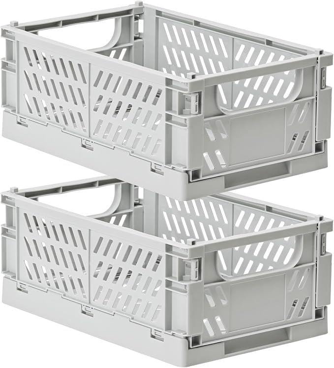 HUUSMOT 2-Pack Collapsible Plastic Storage Baskets, Grey, 9.8"x6.5"x3.8" | Pastel, Space-Saving, Collapsible Plastic Bins, Cute Mini Storage Crates, for Classroom, Kitchen, Office, Bedroom