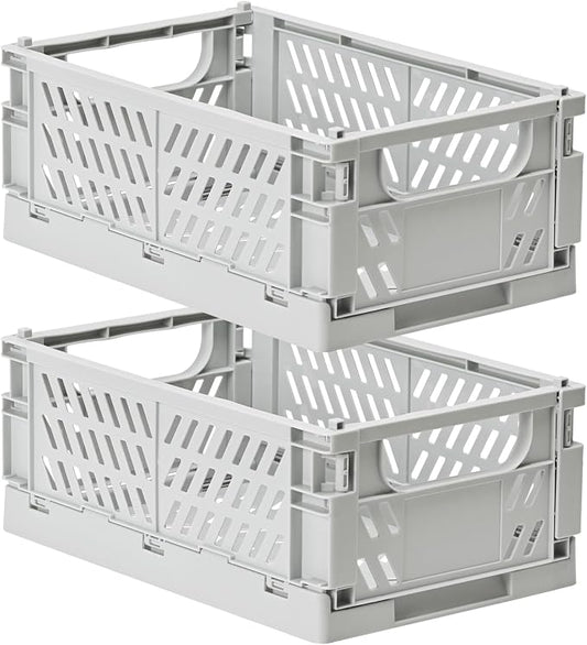 HUUSMOT 2-Pack Collapsible Plastic Storage Baskets, Grey, 9.8"x6.5"x3.8" | Pastel, Space-Saving, Collapsible Plastic Bins, Cute Mini Storage Crates, for Classroom, Kitchen, Office, Bedroom