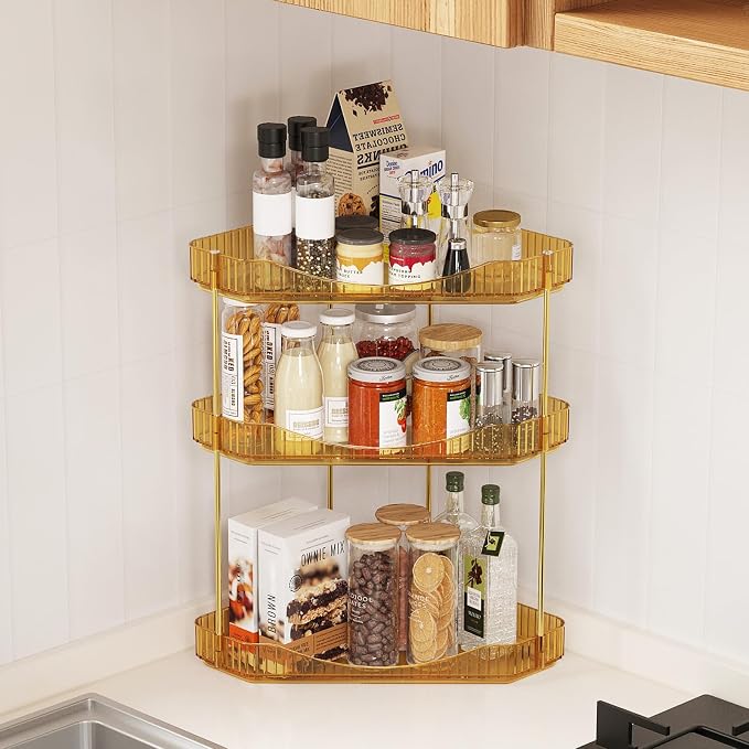 Lifewit 3 Tier Corner Bathroom Counter Organizers and Storage, Golden | Plastic Makeup Skincare Organizers Countertop, Large Sink Cosmetic Perfume Shelf for Bedroom, Dresser, Kitchen, Vanity