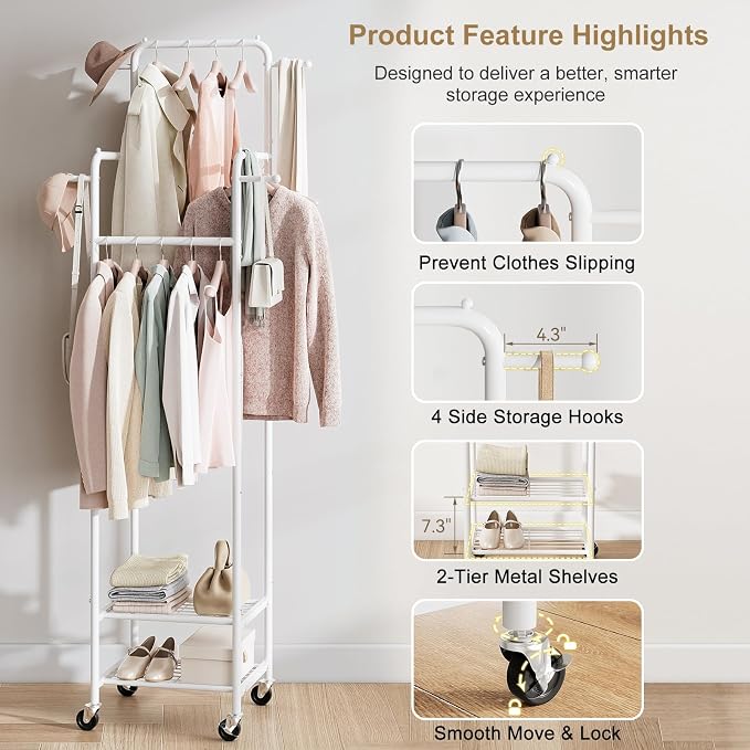 Small Clothing Rack with Wheels, Narrow Rolling Clothes Rack with 2 Shelves | Gasvadivum 71" Tall Sturdy Metal Garment Rack with 4 Hanging Rods & 4 Hooks, Portable Coat Rack for Bedroom, Bathroom, White