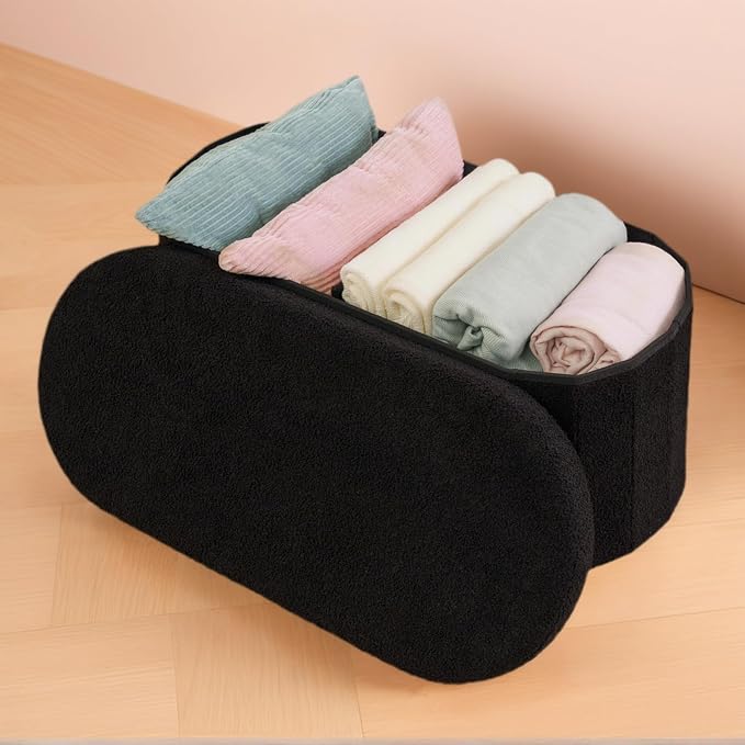 PINPLUS Storage Ottoman Bench Tufted Oval Ottomans Bench Foot Rest, Boulce Bench with Storage 30"x15"x15" (Black)