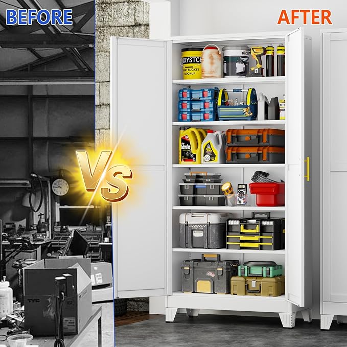 GAIOUS 75'' Tall Metal Garage Storage Cabinet,File Cabinet with 2 Doors and 5 Adjustable Shelves, Outdoor Steel Tool Cabinet for Home,Office,Warehouse,Garage,White