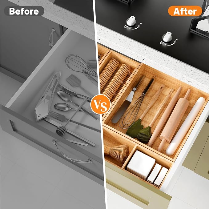 Bamboo Drawer Organizer, 5-Piece Stackable Trays with Removable Dividers | Junk drawer organizer, assorted tray sizes, 5-11 customizable compartments, nestable, kitchen utensils, bathroom, office