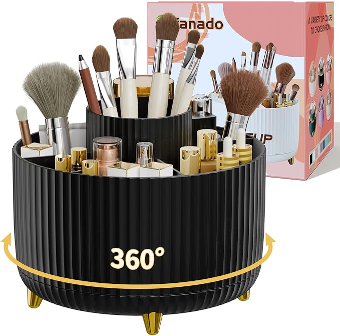 fanado 360° Rotate Makeup Brush Holder Organizer, Makeup Organizers Countertop, Makeup organization and Skincare Storage with Gift Box Packing for Vanity, Desktop, Bathroom (Black)