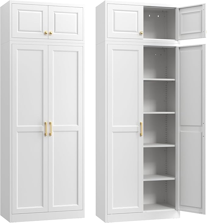 Steeloong 86"Metal Pantry Storage Cabinet with Doors & 4 Adjustable Shelves | Kitchen Pantry Cabinet,White Kitchen Cabinet with 4 Gold Handles,Tall Cabinet for Livingroom,Pantry, Bathroom,Kitchen,Garage