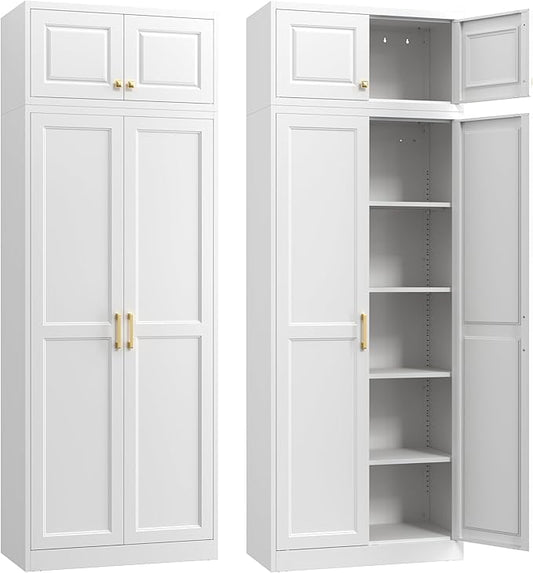 Steeloong 86"Metal Pantry Storage Cabinet with Doors & 4 Adjustable Shelves | Kitchen Pantry Cabinet,White Kitchen Cabinet with 4 Gold Handles,Tall Cabinet for Livingroom,Pantry, Bathroom,Kitchen,Garage