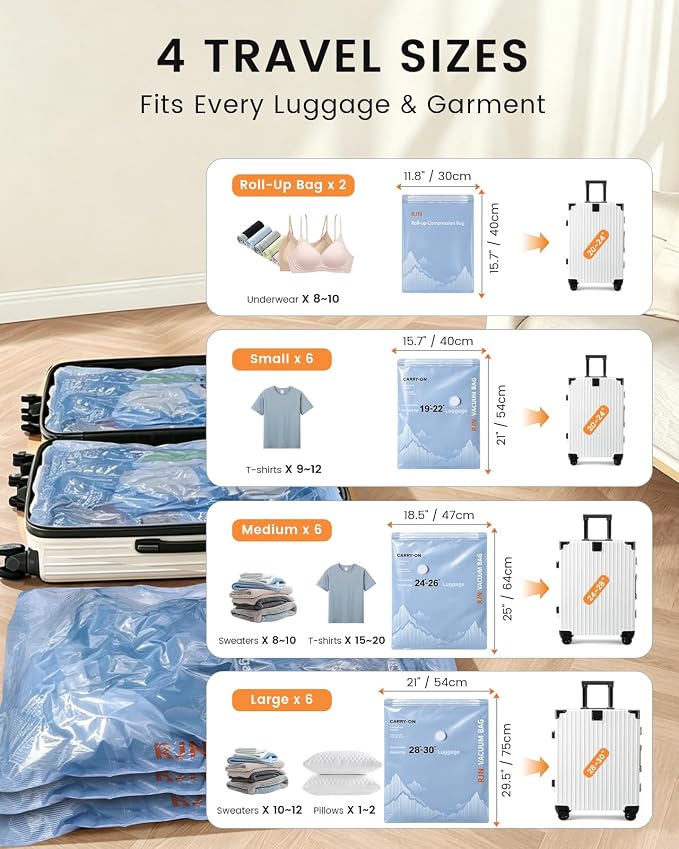 RJN Vacuum Storage Bags with Rechargeable Cordless Air Pump, 20 Combo | Compression Bags for Travel, Space Saver Vacuum Seal Bags for Clothing, Blankets, Comforters, Pillows, Travel Luggage