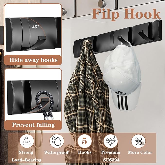 Folding Coat Hooks, Wall Mounted Coat Rack with 10 Retractable Hooks,Heavy Duty Towel Rack for Bathroom Wall Hook for Hanging Clothes Bathrobe, Stainless Steel Coat Hanger for Entryway(Black)
