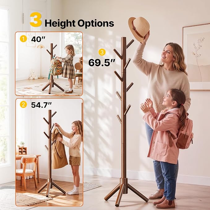 AMADA Solid Wooden Coat Rack Freestanding with 8 Hooks, Walnut | 100% solid wood, 3 height options, widened base for stability, tool-free assembly, smooth rods & hooks prevent clothing snags