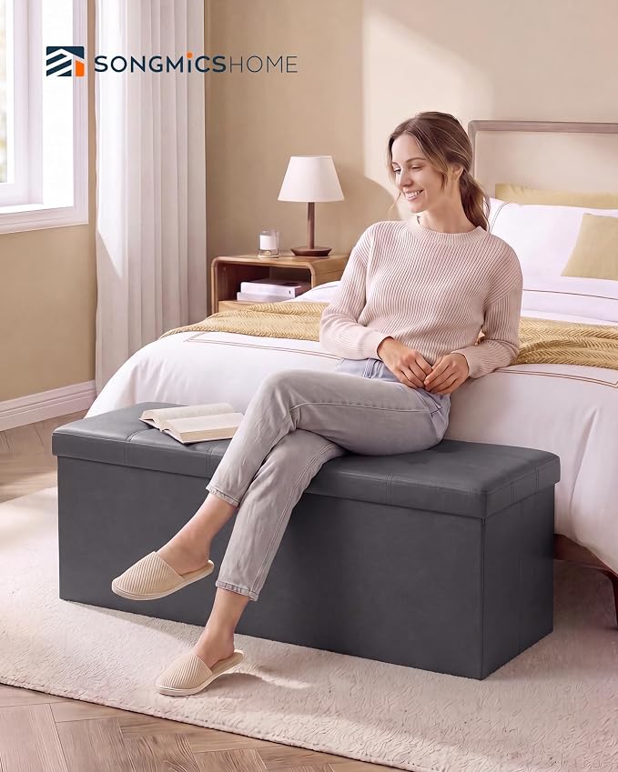 SONGMICS Home Foldable Foot Rest Stool, Storage Ottoman, Tufted Design, PU Leather, Easy Assembly and Cleaning, for Entryway, Living Room, Bedroom, 43.2 Inches, Dark Gray