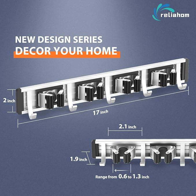 reliahom Broom Holder Wall Mount Mop Hanger Tools organizer 4Racks 5Hooks | Adjustable Mop Broom Wall Hanging Heavy duty Tools Storage Rack Space-saving for Garage,Kitchen,Laundry Room,Garden, Black