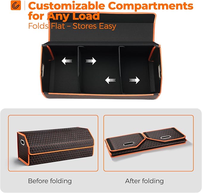 Fyzeoty Car Trunk Organizer for SUV and Sedan, Orange-Honeycomb, 29.5 in | Honeycomb Textured Exterior, Extra‑Large, Premium Leather, Magnetic Lid, Collapsible & Adjustable, Water‑Resist & Dust‑Proof