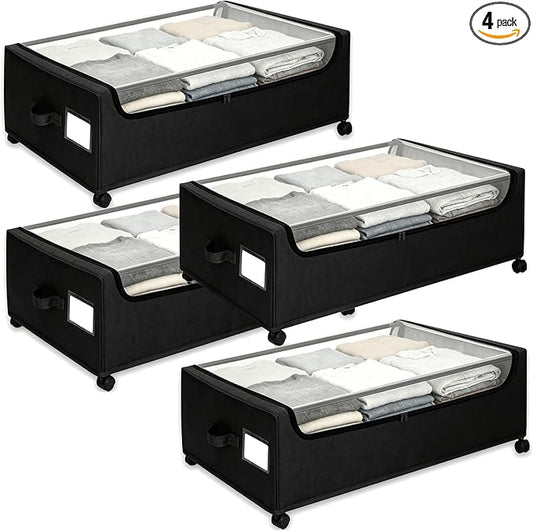 Under Bed Storage with Wheels, 4-Pack Under the Bed Storage Containers with Clear Lids & Label, Underbed Storage Bins, XXXL 85L 11 inches Rolling Metal Drawer for Clothes, Shoes, Toys, Books - Black