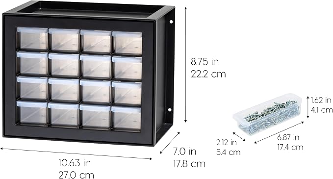 IRIS USA 16-Drawer Small Drawer Organizer, Garage Desk Storage, Black | Wall mountable, Stackable Teacher Toolbox, Beads, Building Bricks, Water Packets, Screws, Hardware